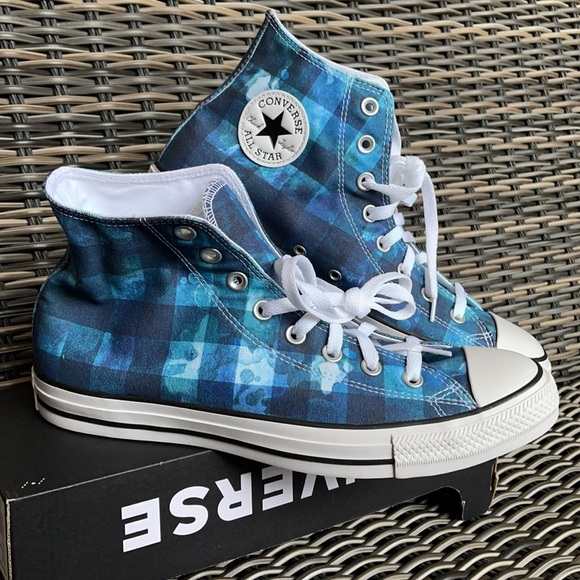 Converse Chuck Taylor All Star Hi Blue Plaid/White/Black MEN`S - Picture 6 of 16